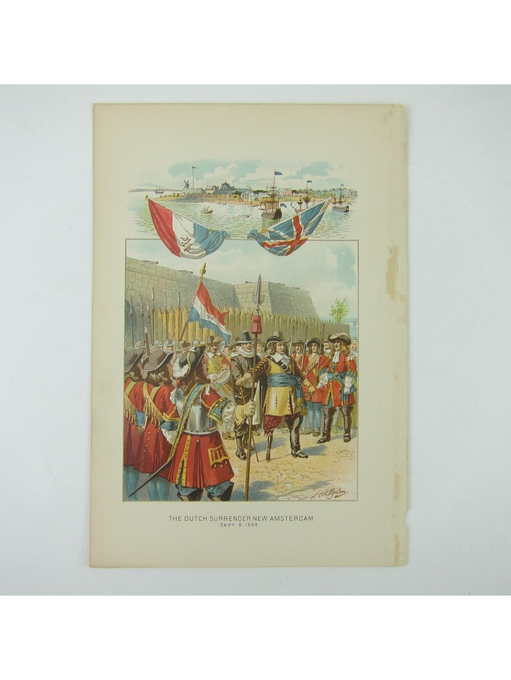 Chromolithograph Book Plate Dutch Surrender New Amsterdam 1664 Antique 1890s